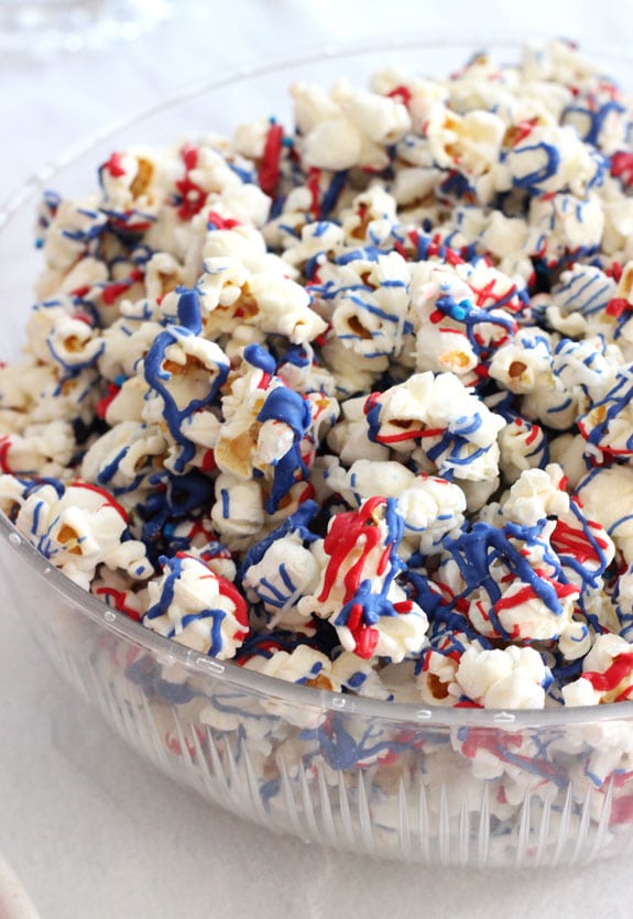 Patriotic popcorn in a big bowl