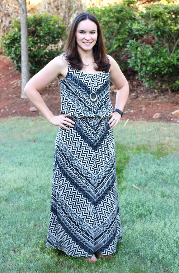 Author modeling black and white printed maxi dress