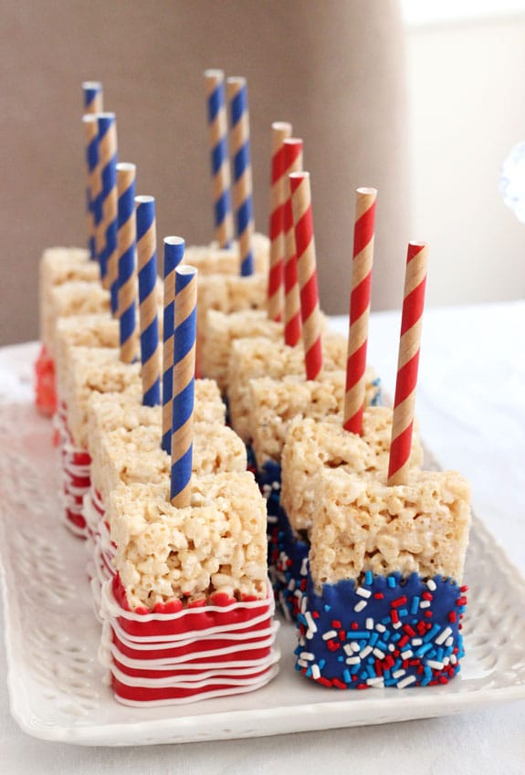 American Flag Rice Krispie Treats with sticks on a platter