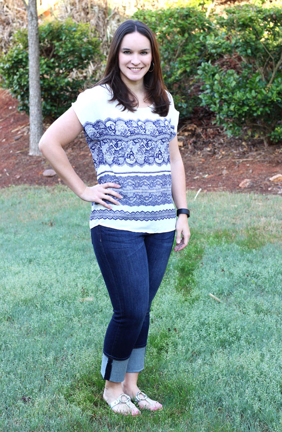 Author modeling a printed shirt and jeans