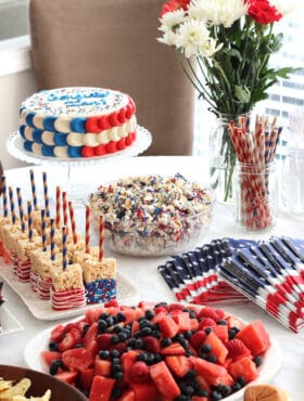 A table with patriotic food and napkins