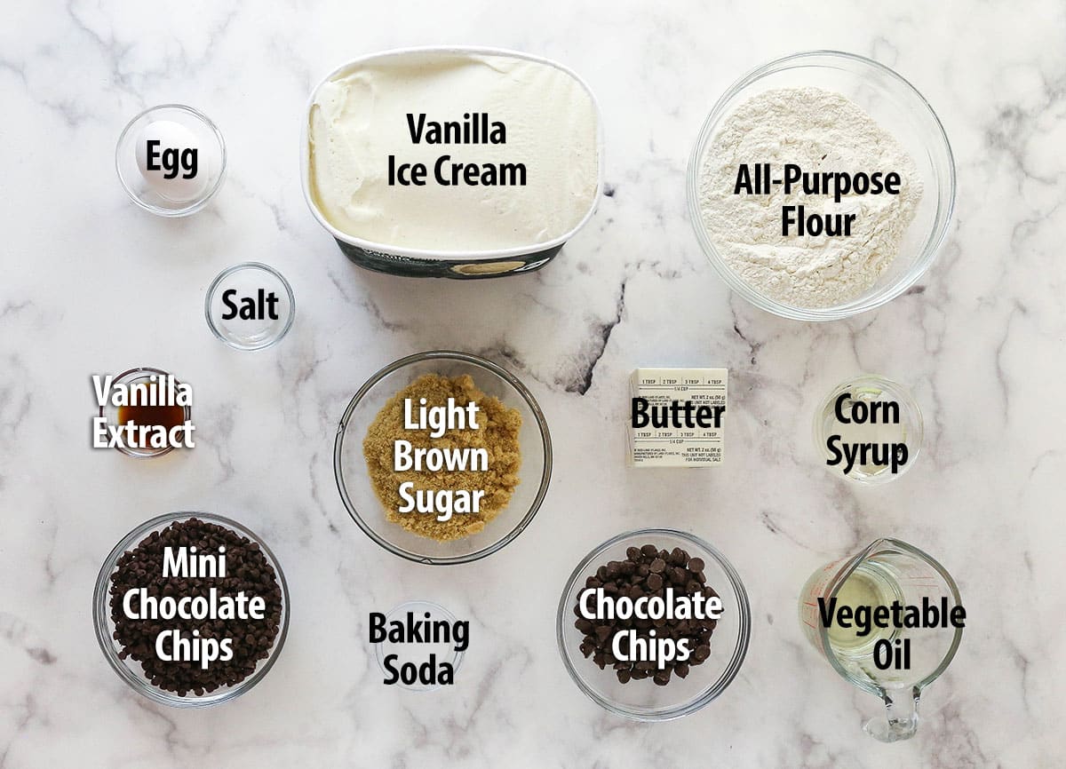 Overhead view of ingredients needed to make chocolate chip cookie ice cream cake