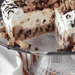 Chocolate Chip Cookie Ice Cream Cake with slice missing