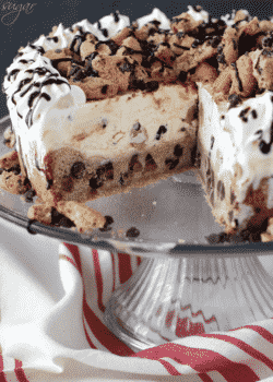 Chocolate Chip Cookie Ice Cream Cake with slice missing