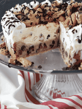 Chocolate Chip Cookie Ice Cream Cake with slice missing