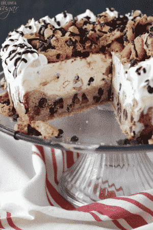 Chocolate Chip Cookie Ice Cream Cake with slice missing