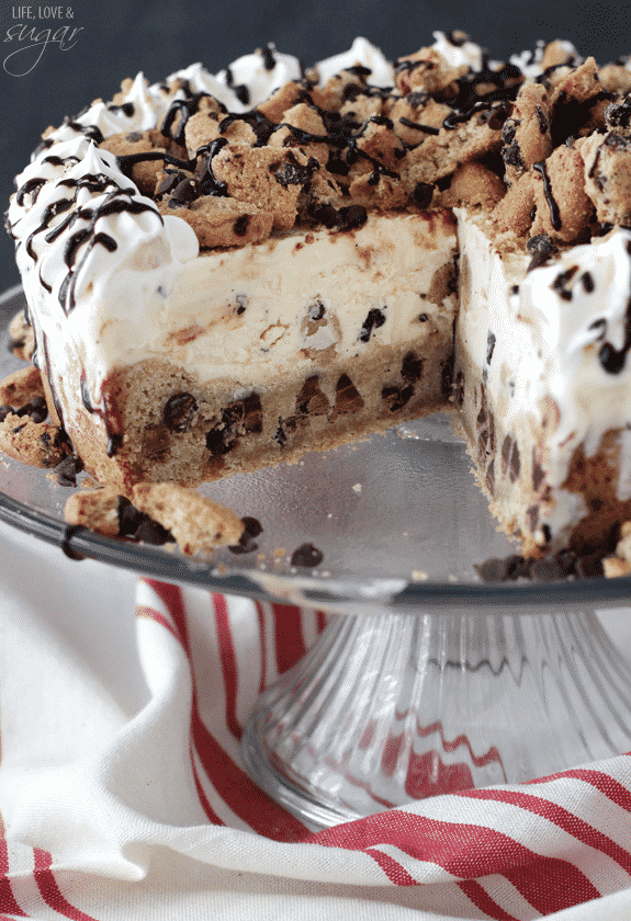 Chocolate Chip Cookie Ice Cream Cake with slice missing