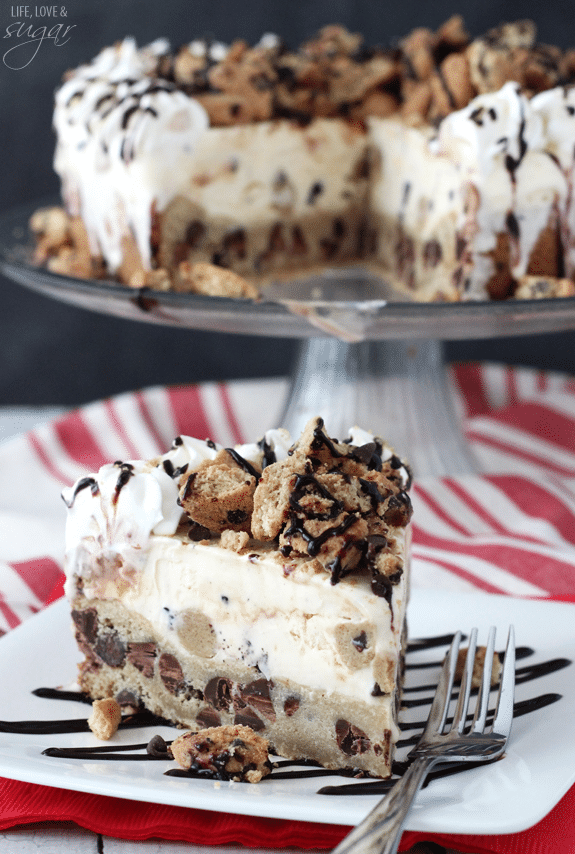 Chocolate Chip Cookie Ice Cream Cake - a layer of chocolate chip cookie with cook dough ice cream! Topped with chopped cookies, whipped cream and chocolate sauce!