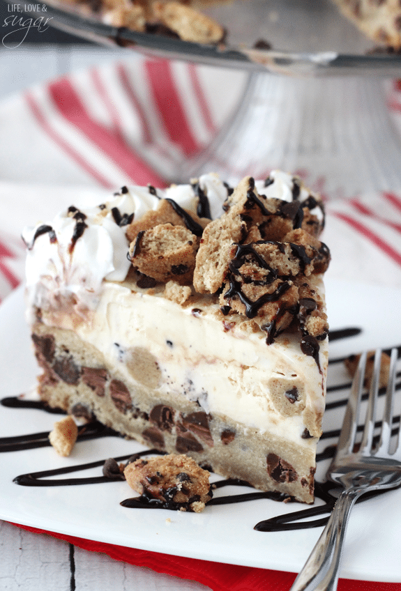 Chocolate Chip Cookie Ice Cream Cake - a layer of chocolate chip cookie with cook dough ice cream! Topped with chopped cookies, whipped cream and chocolate sauce!