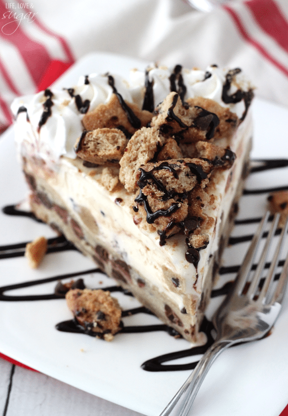 Chocolate Chip Cookie Ice Cream Cake - a layer of chocolate chip cookie with cook dough ice cream! Topped with chopped cookies, whipped cream and chocolate sauce!