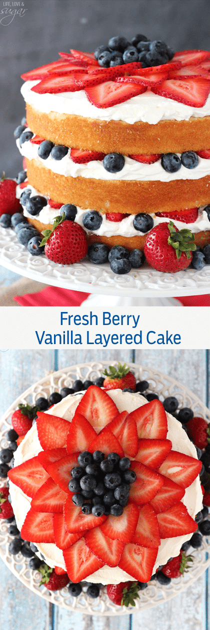 Fresh Berry Vanilla Layered Cake - layers of moist vanilla cake flavored with pureed strawberries and blueberries, layered with fresh berries and whipped cream! #pictureperfectplate