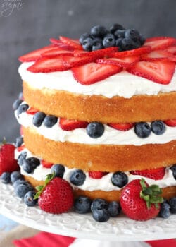 A Fresh Berry Vanilla Layered Cake on a White Cake Stand