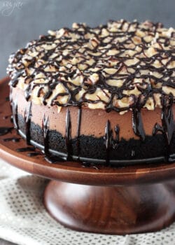 A whole German Chocolate Cheesecake on a wooden stand