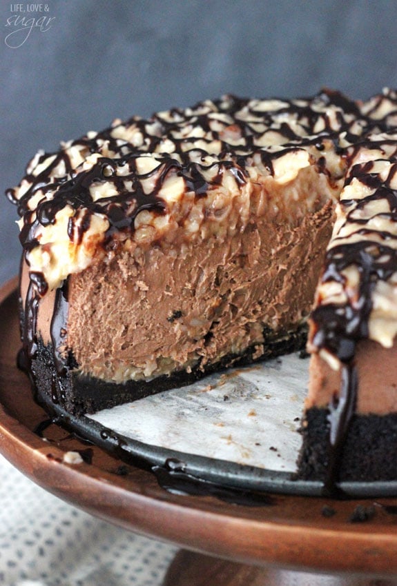 German Chocolate Cheesecake with a slice removed