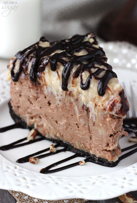 German Chocolate Cheesecake slice on a plate