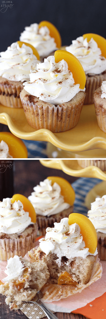 Peach Cobbler Cupcakes! These cupcakes are full of cinnamon and peaches and perfect for summer!