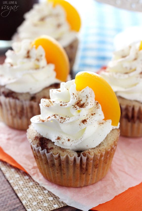 Close-up of a Peach Cobbler Cupcake on a napkin