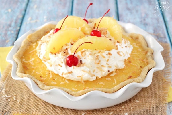 Pina Colada Pie in a white pie dish