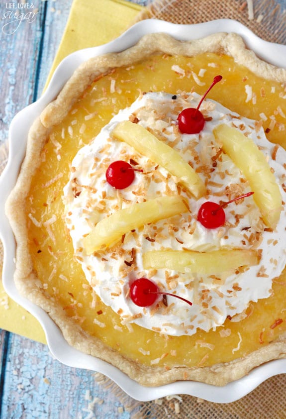 Overhead view of a Pina Colada Pie in a white pie plate