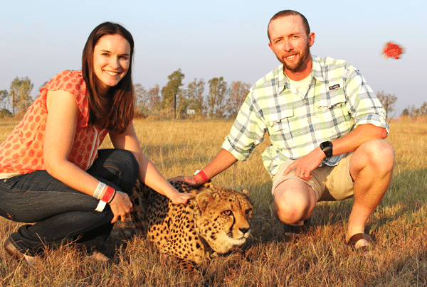 Lindsay and Ian Crouching Down to Pet a Cheetah