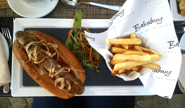 A Boerewors Sausage in a Bun Next to a Cup of French Fries
