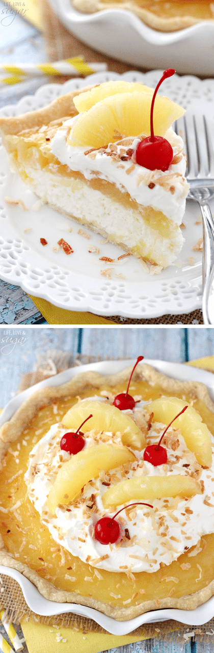 Pina Colada Pie collage of a slice and a whole pie