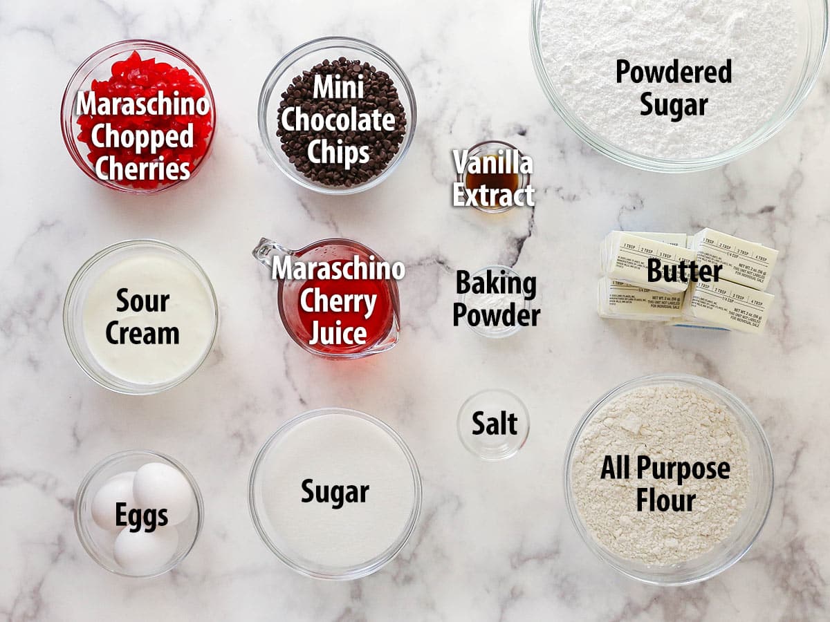 This cherry chocolate chip cake is moist, tender, and full of cherry and chocolate flavor in every single bite. Overhead view of ingredients needed to make cherry chocolate chip cake