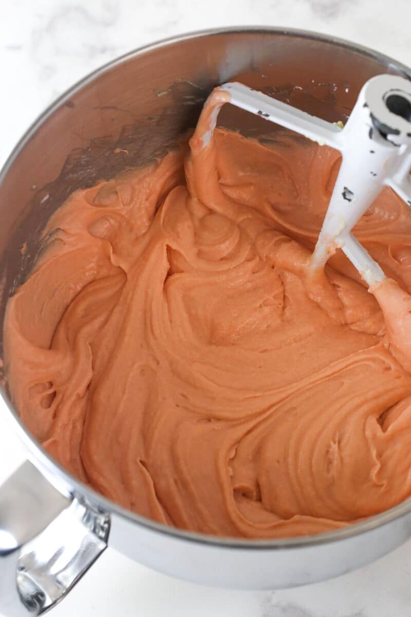 This cherry chocolate chip cake is moist, tender, and full of cherry and chocolate flavor in every single bite. Cherry cake batter in a mixing bowl