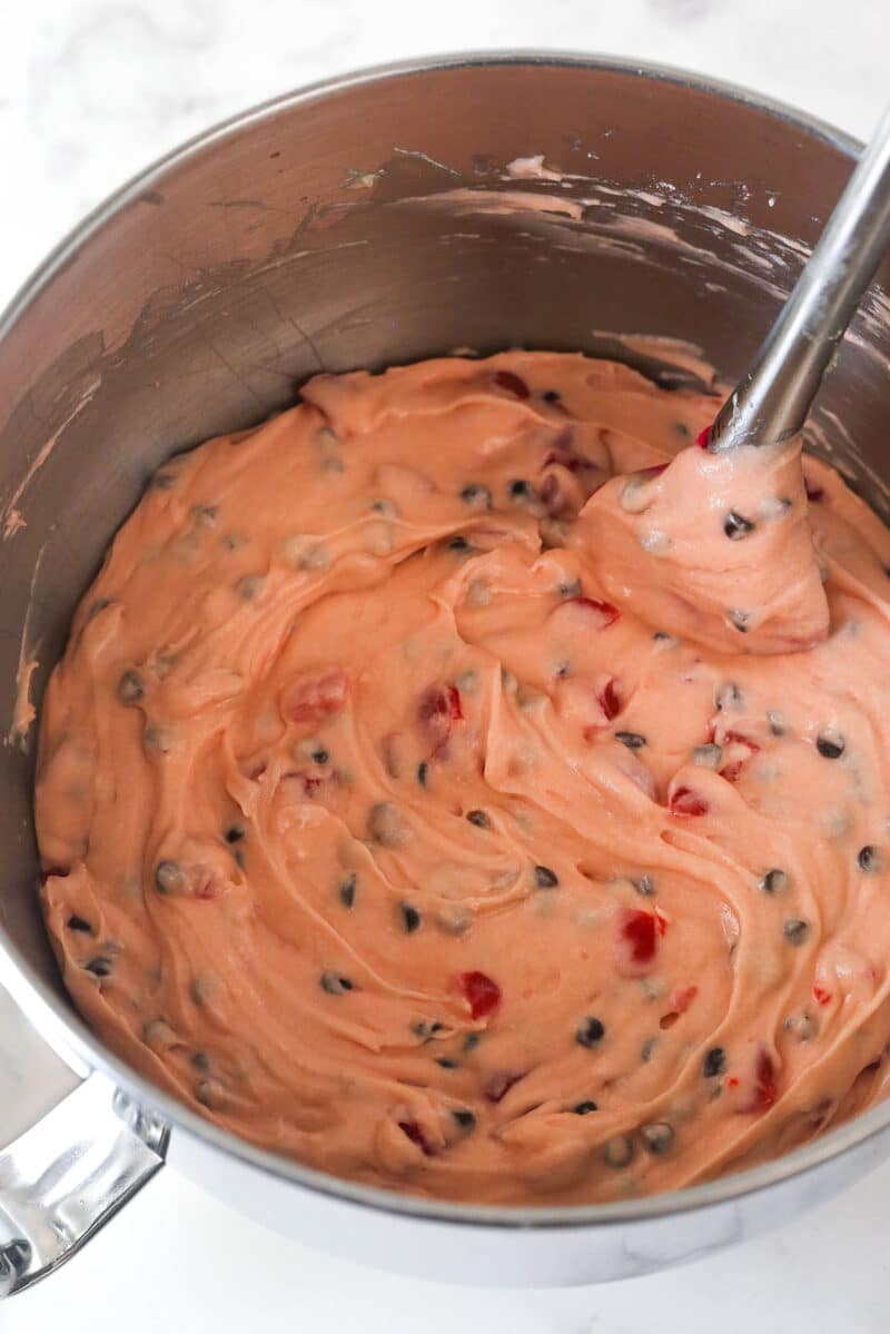 This cherry chocolate chip cake is moist, tender, and full of cherry and chocolate flavor in every single bite. Chopped cherries and mini chocolate chips folded into cake batter