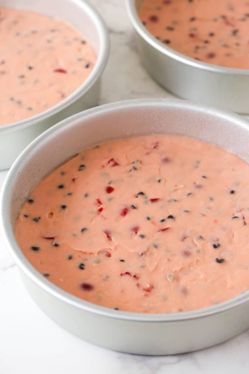 This cherry chocolate chip cake is moist, tender, and full of cherry and chocolate flavor in every single bite. Cherry chocolate chip cake batter in round pans