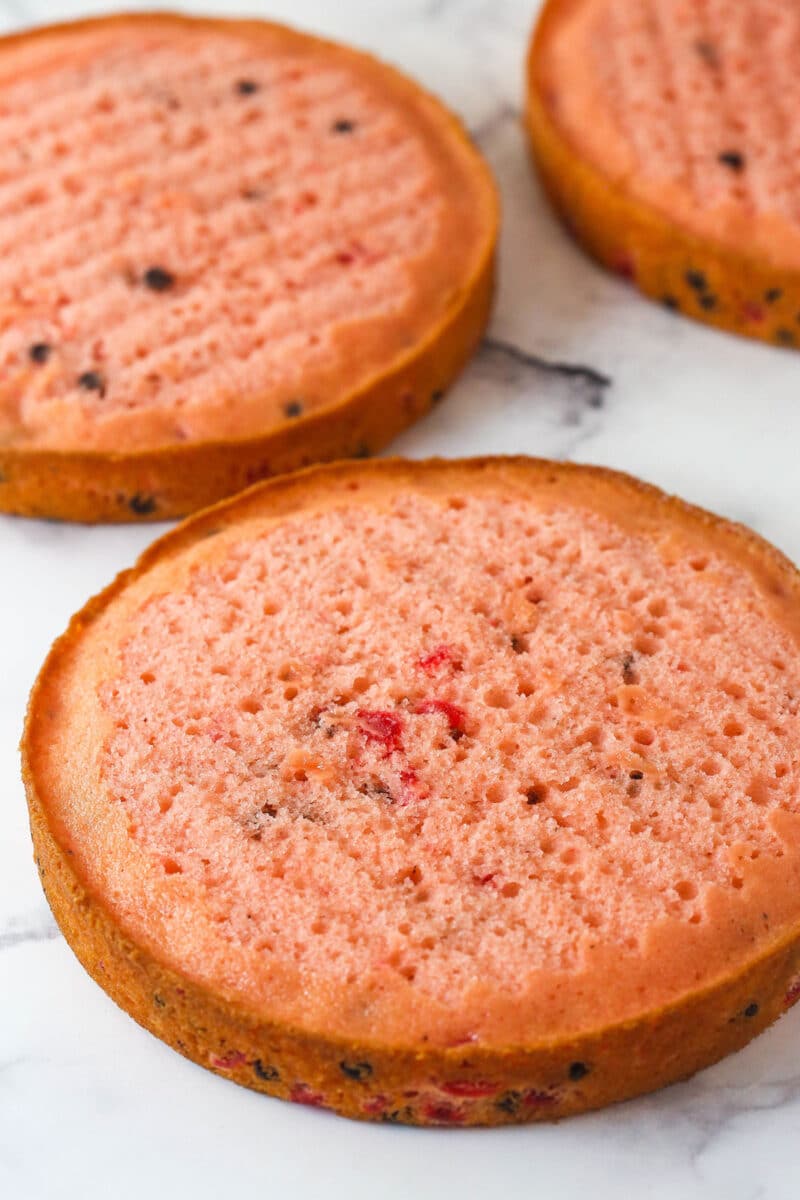 This cherry chocolate chip cake is moist, tender, and full of cherry and chocolate flavor in every single bite. Cherry chocolate chip cake with the domes cut off