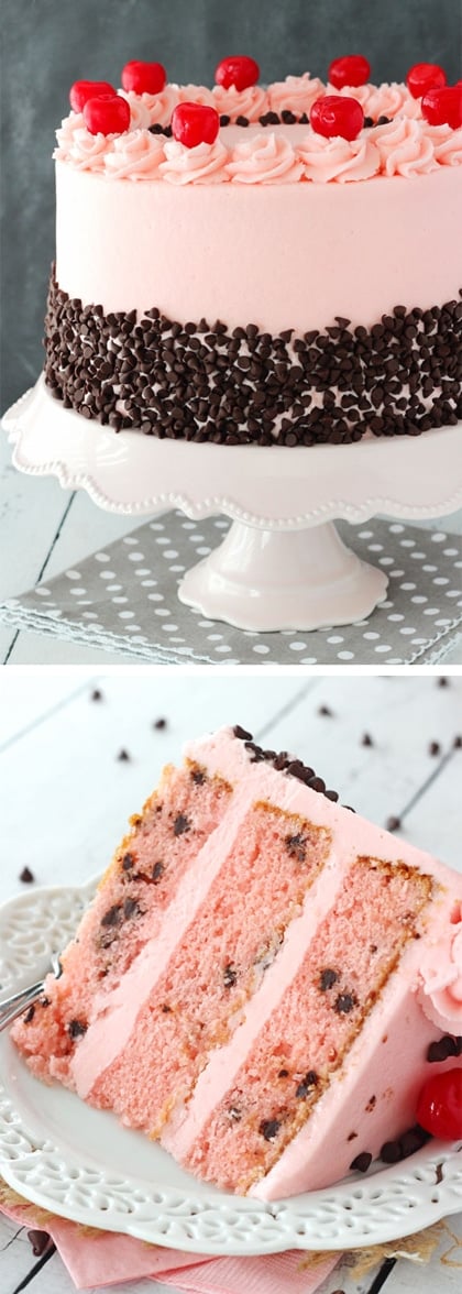 Cherry Chocolate Chip Cake - full of maraschino cherry flavor and mini chocolate chips!