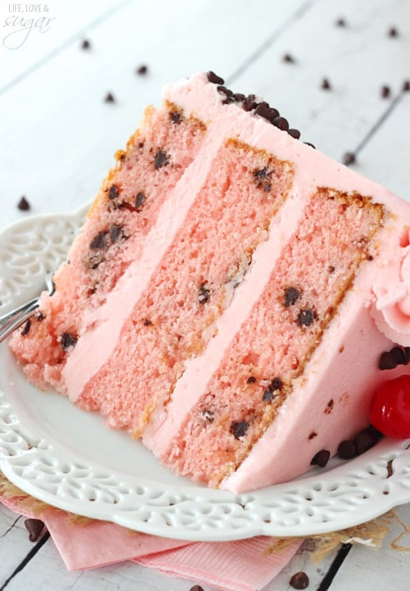 Cherry Chocolate Chip Cake - full of maraschino cherry flavor and mini chocolate chips!