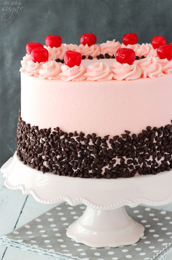 Cherry Chocolate Chip Cake - full of maraschino cherry flavor and mini chocolate chips!