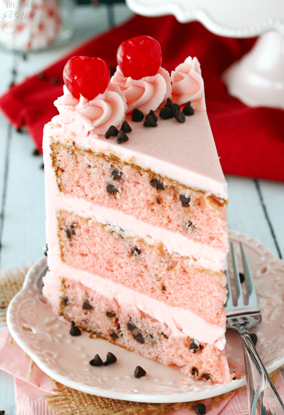 Cherry Chocolate Chip Cake - full of maraschino cherry flavor and mini chocolate chips!