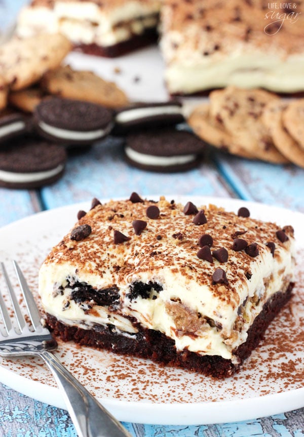 A Piece of Oreo Brookie Tiramisu on White Plate with a Fork