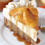 Peach Caramel Blondie Cheesecake slice on white plate