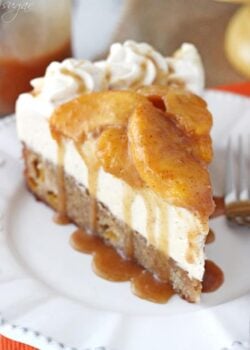 Peach Caramel Blondie Cheesecake slice on white plate