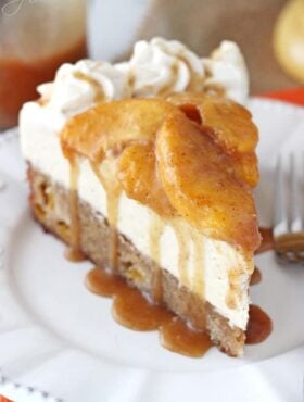 Peach Caramel Blondie Cheesecake slice on white plate