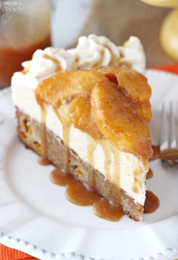 Peach Caramel Blondie Cheesecake slice on a white plate