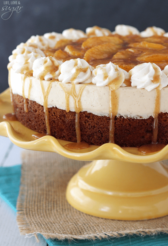 Side view of a Peach Caramel Blondie Cheesecake on a yellow cake stand