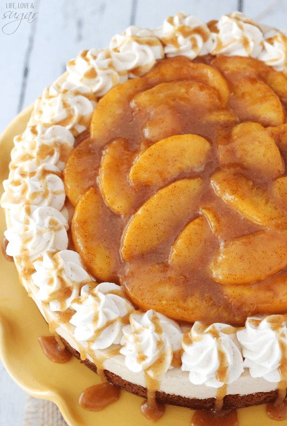 Overhead view of Peach Caramel Blondie Cheesecake on a yellow plate
