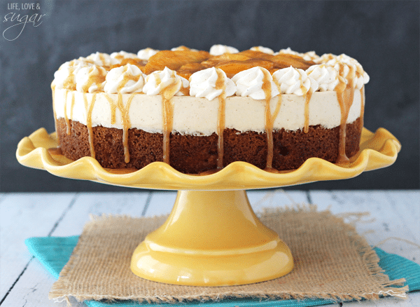 Side view of a Peach Caramel Blondie Cheesecake on a yellow cake stand