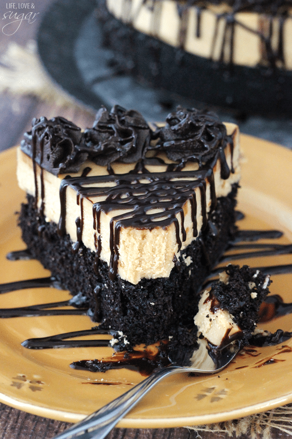 Peanut Butter Truffle Chocolate Cake slice on a yellow plate