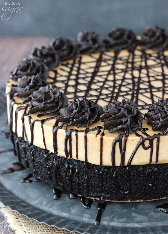 Peanut Butter Truffle Chocolate Cake on a metal platter
