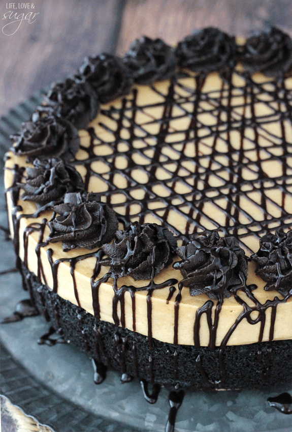Peanut Butter Truffle Chocolate Cake on a metal plate