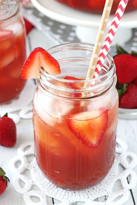 Close-up of a Glass of Strawberry Vanilla Sweet Tea with two straws