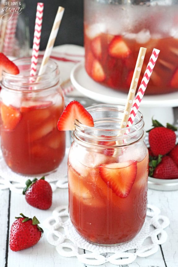 Two Glasses of Strawberry Vanilla Sweet Tea with straws
