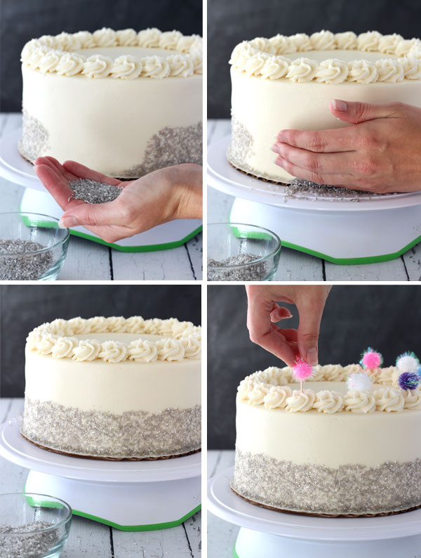 Steps for decorating Sparkly Pom Pom Cake 