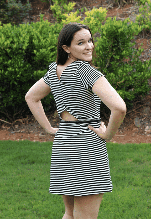 Lindsay Modelling The Back of a Black and White Striped Dress